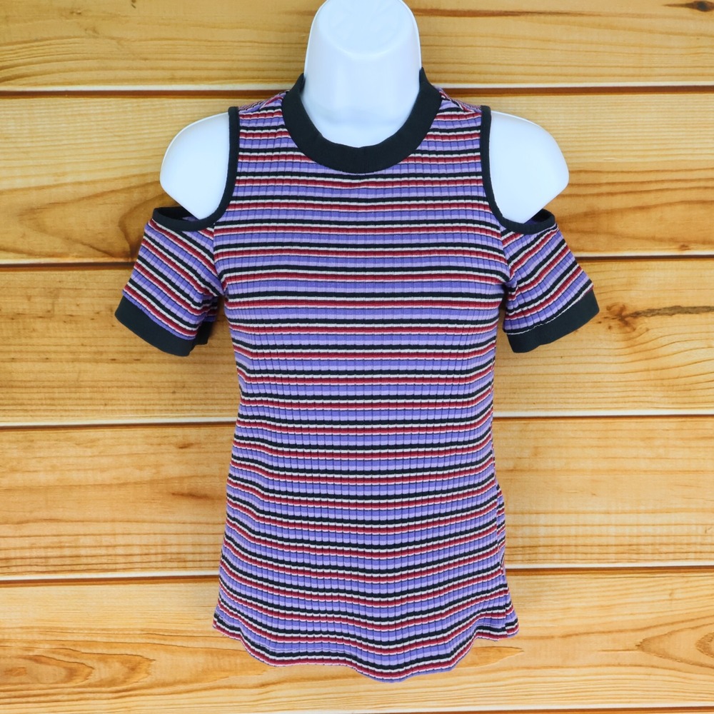 Rue21 Cold Shoulder Shirt Juniors Sz M Multicolor Striped Cotton Stretch Ribbed